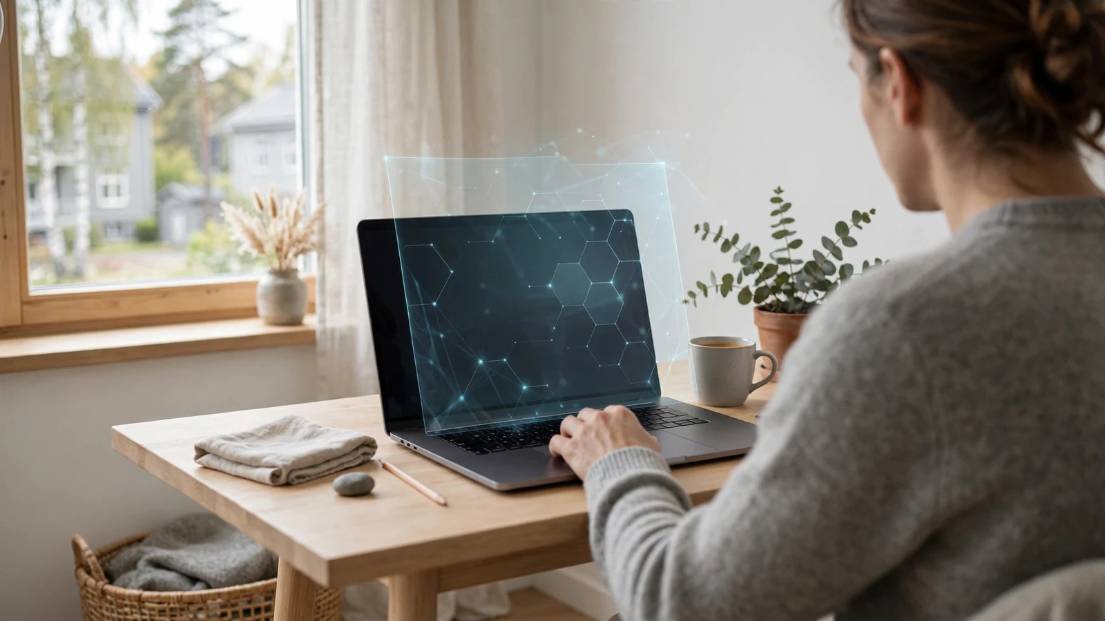 Person vid laptop med digitalt skydd, minimalistiskt skandinaviskt hemmakontor