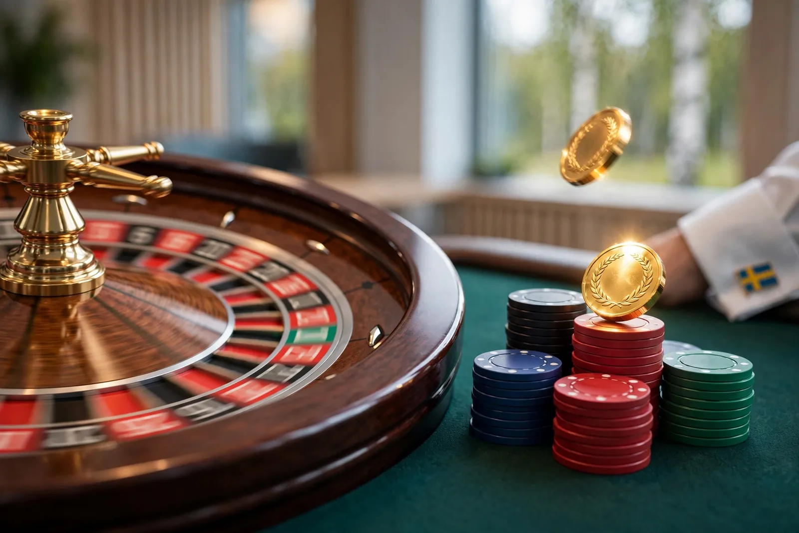 Europeiskt roulettehjul på grönt filtbord med staplade marker och gyllene bonusbild i elegant nordisk casinobelysning.