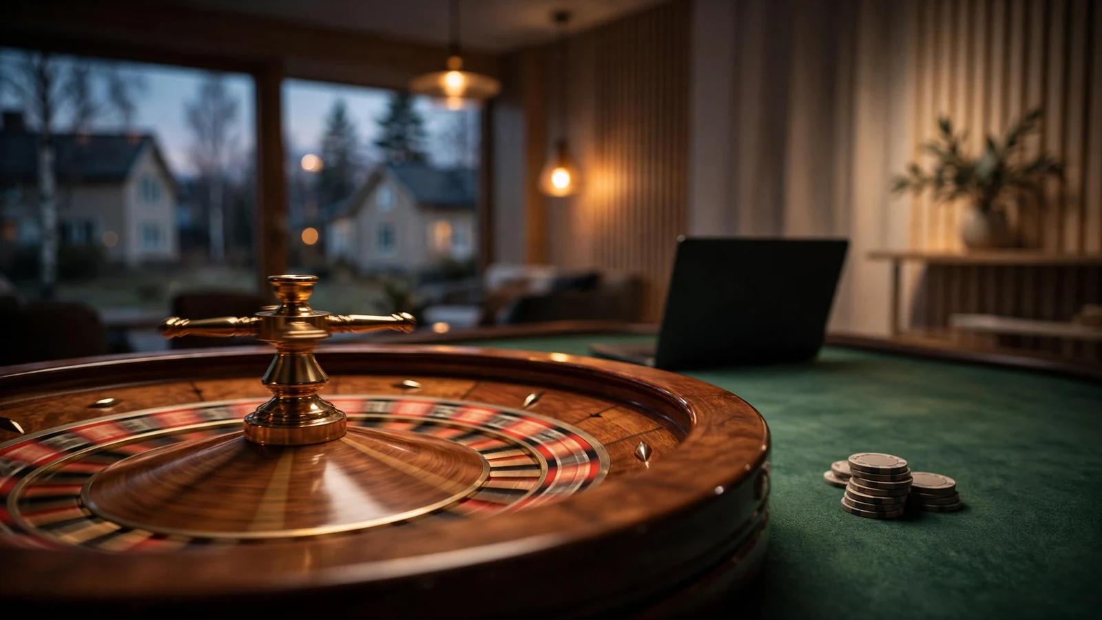 Elegant roulettehjul i svenskt casinorum med mörk belysning