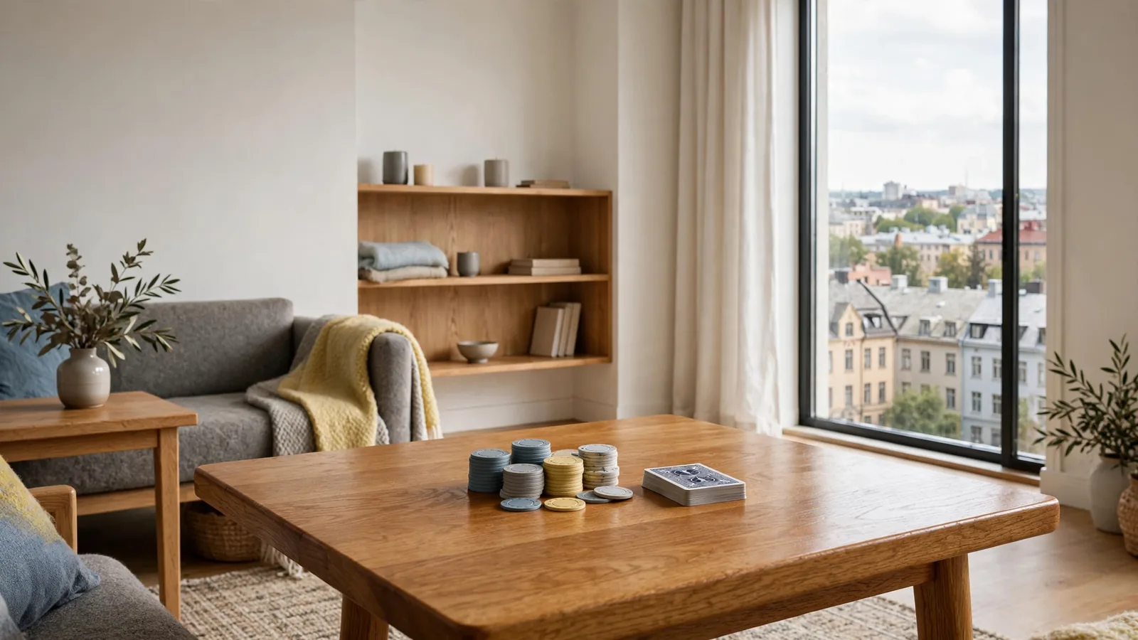 Skandinavisk lounge med ekbord, casinofigurer och kortlek