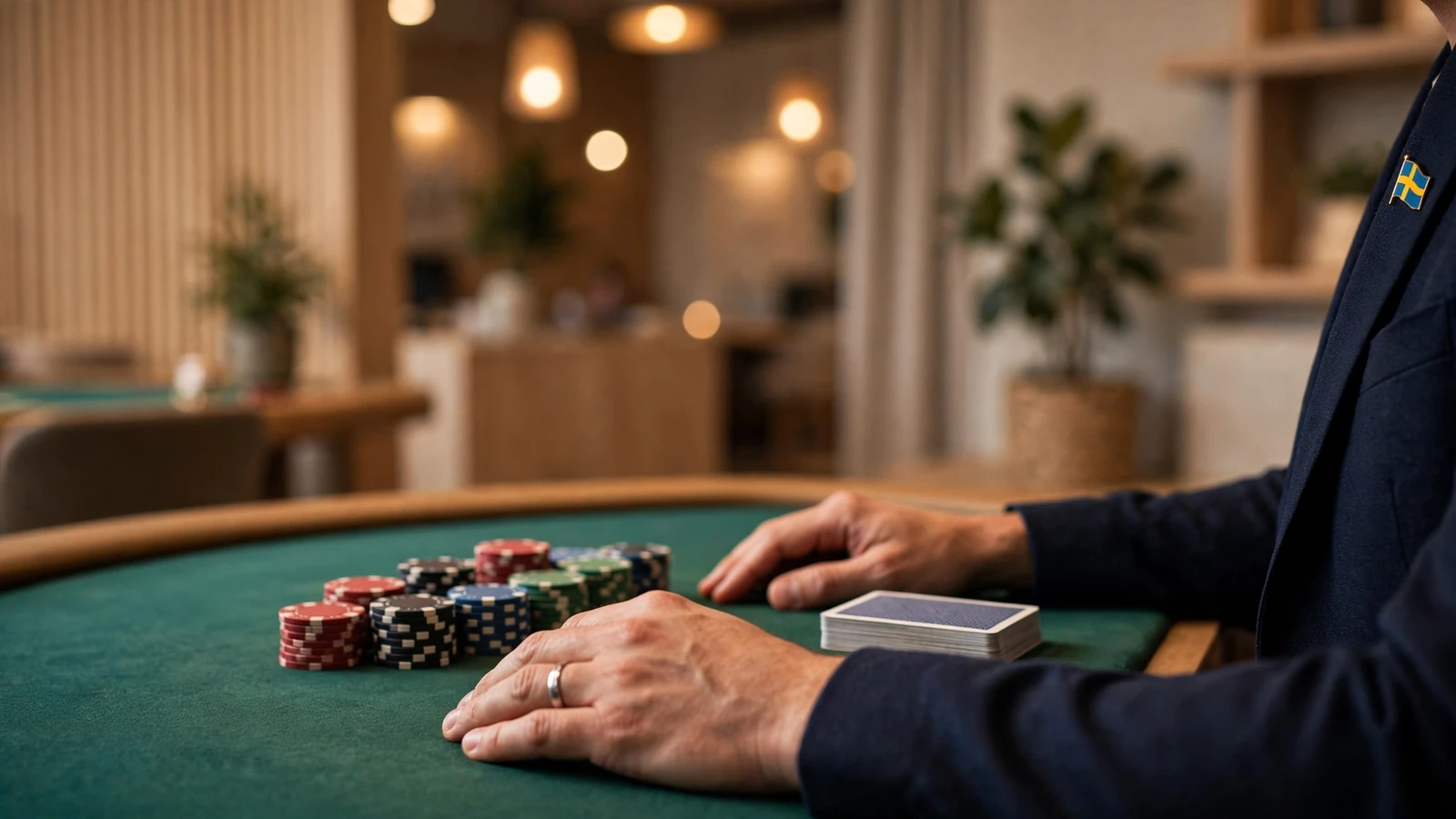 Blackjack-bord med marker och kort i modern svensk casinomiljö