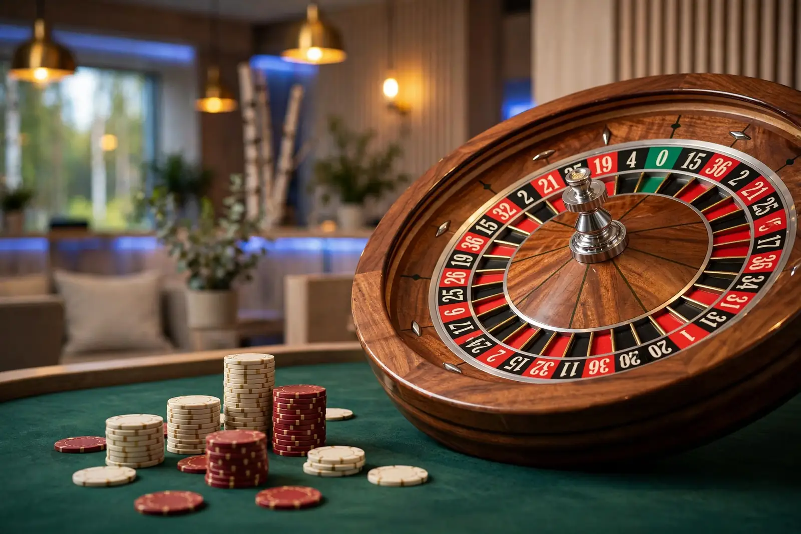 Elegant roulettebord i modernt skandinaviskt casino med marker och roulettehjul