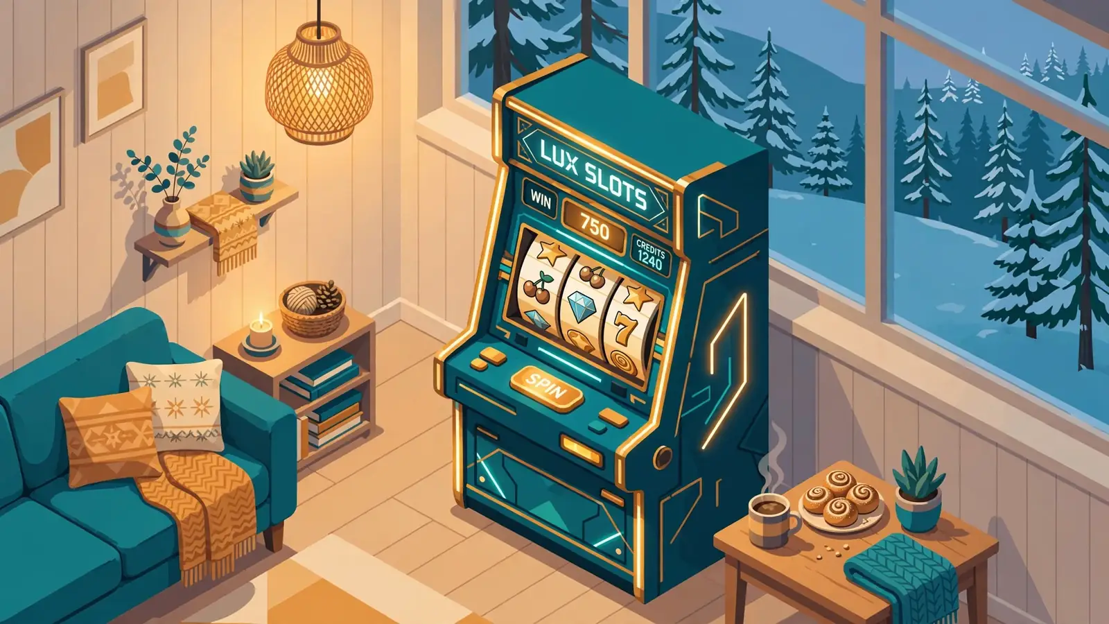 Stiliserad spelautomat i ett mysigt svenskt vardagsrum