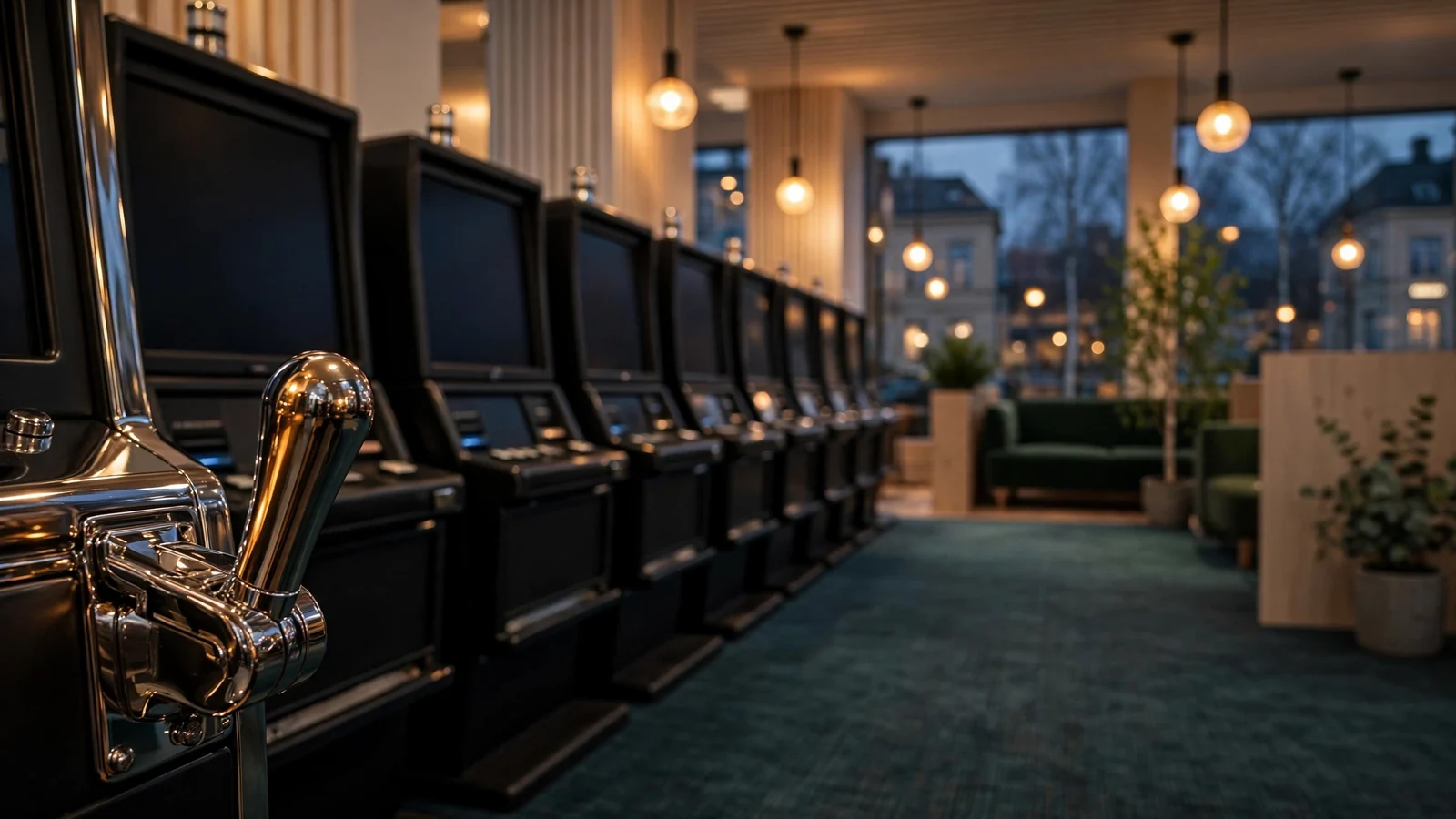 Stämning i en svensk casinolokal med klassiska spelautomater i varm belysning