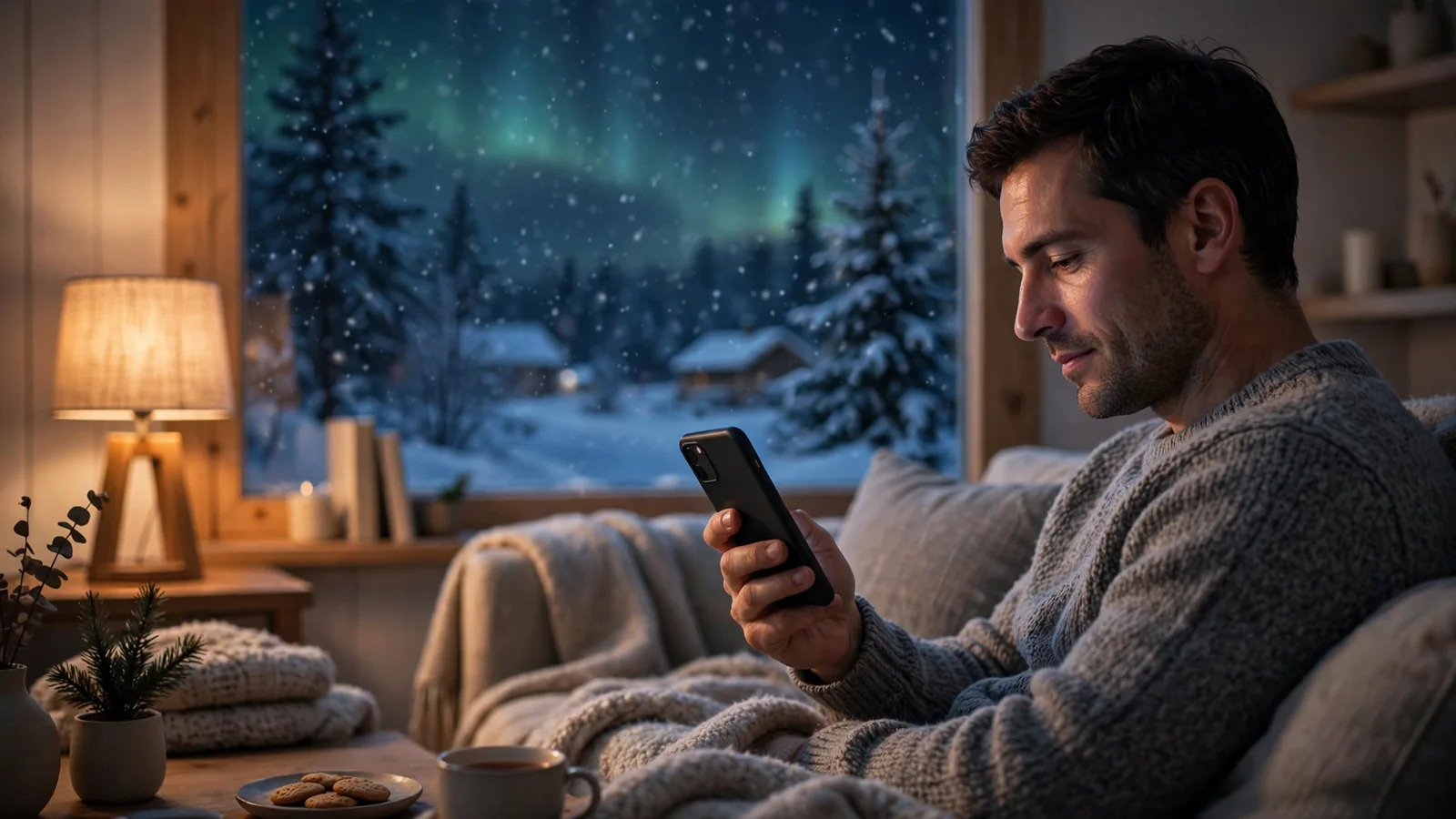 Svensk spelare med smartphone hemma en vinterkväll