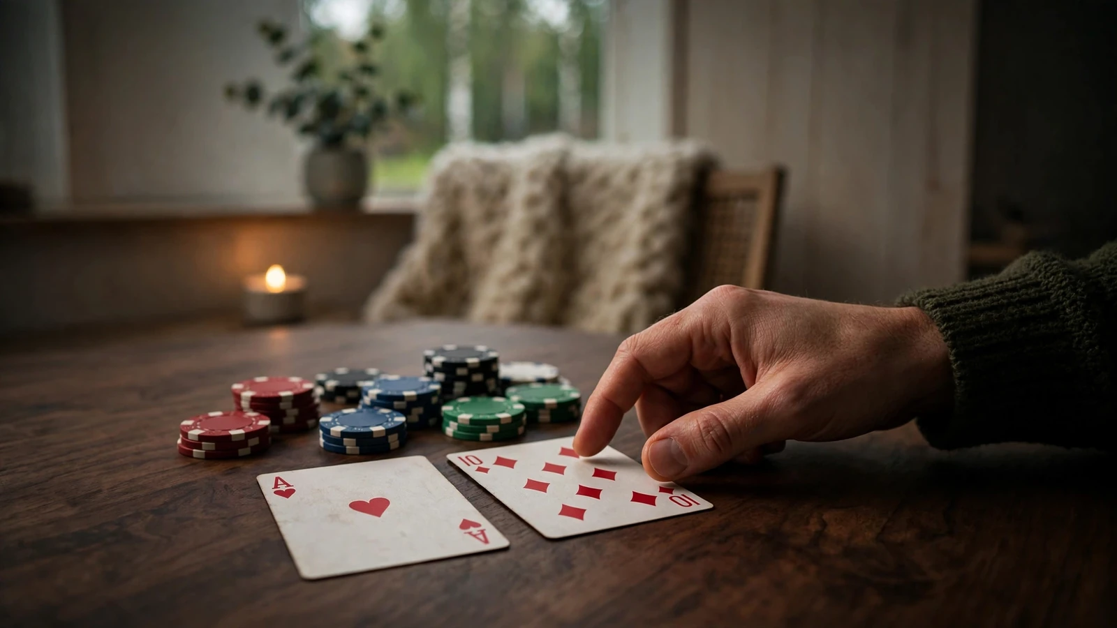 Blackjack-bord med spelkort och marker i skandinavisk inredning