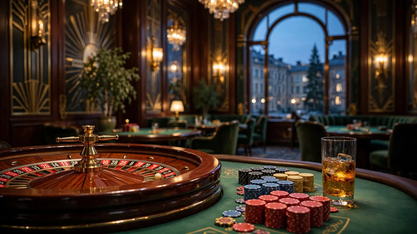 Lyxig svensk casinomiljö med roulettebord och höga insatser i gyllene belysning