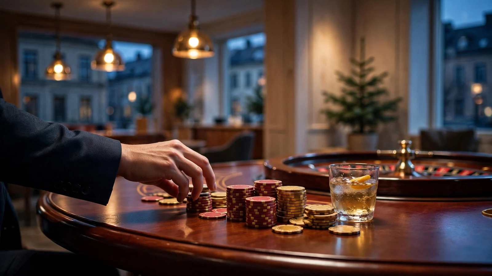 Elegant casinobord med höga insatser och rött gyldent chip, svensk VIP-atmosfär