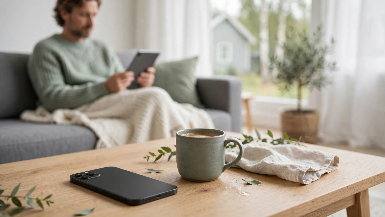 iPhone vid soffbord i ljust svenskt vardagsrum med kaffe
