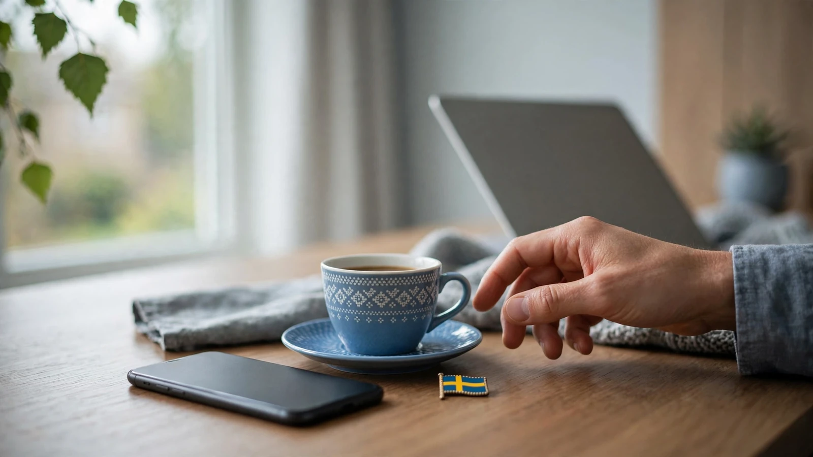 Modern telefon på svenskt bord med kaffekopp och svensk flagga