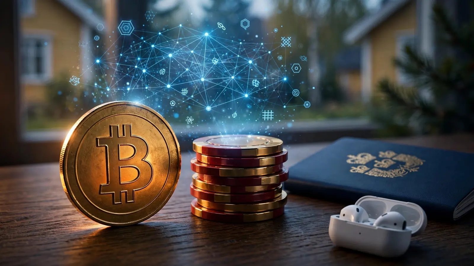 Bitcoin-mynt och casinotärningar på ett mörkt bord