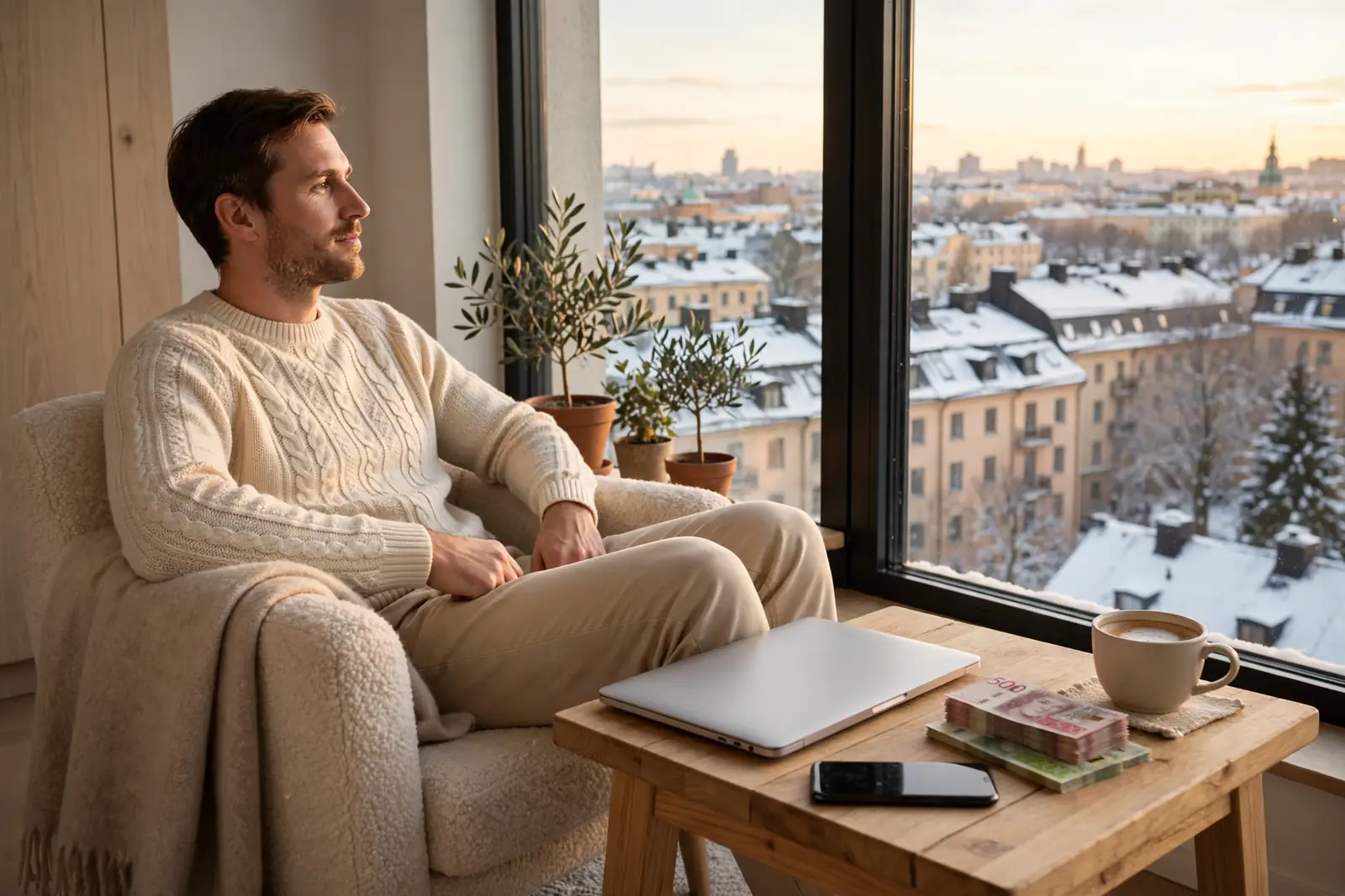 Svensk man i modern lägenhet med sedlar och stängd laptop vid fönster