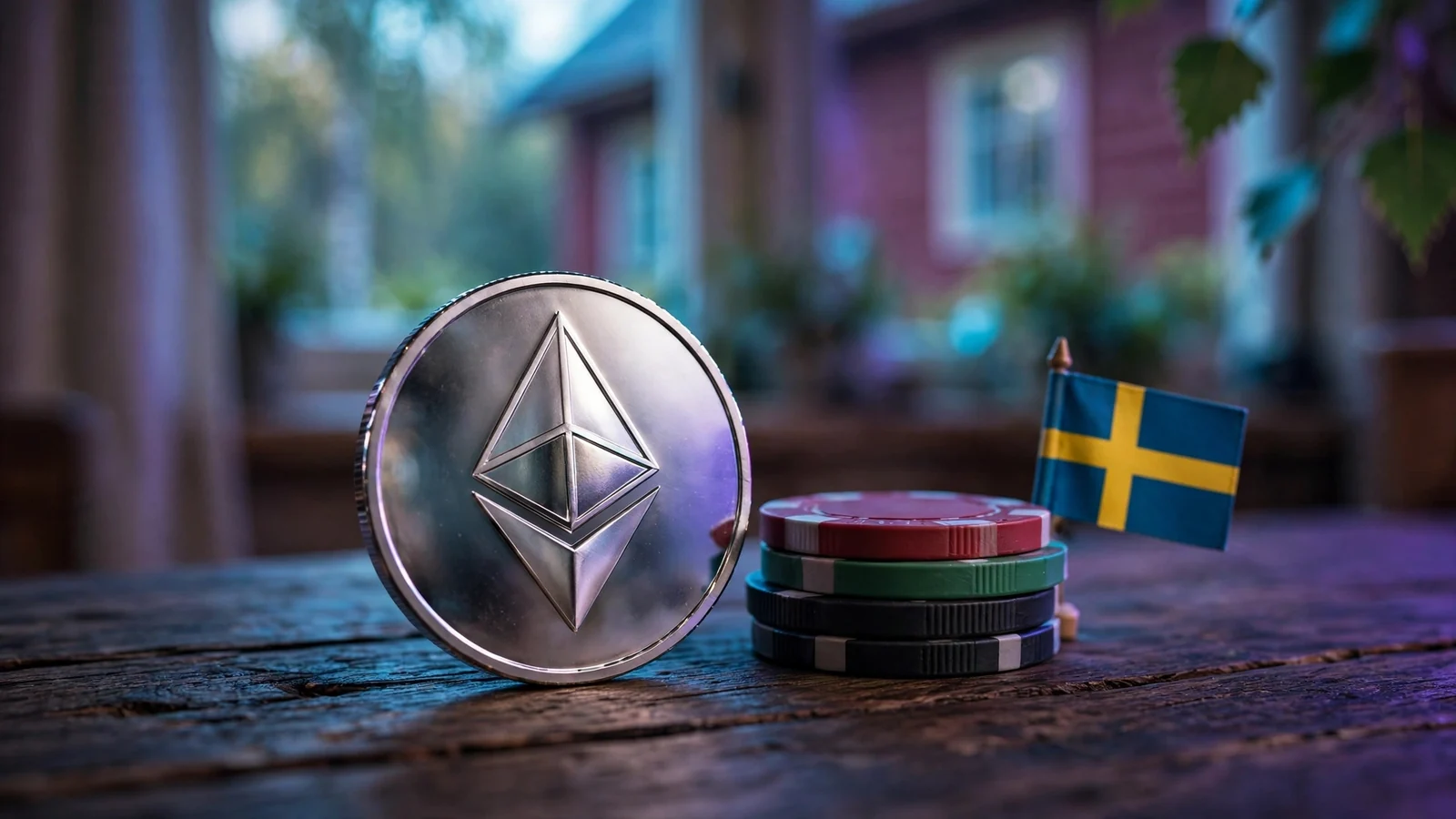Ethereum-tillgång bredvid casinokolor och svensk flagga