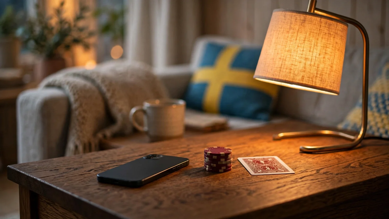 Mobil och casinofigurer på träbord i mysig svensk heminredning