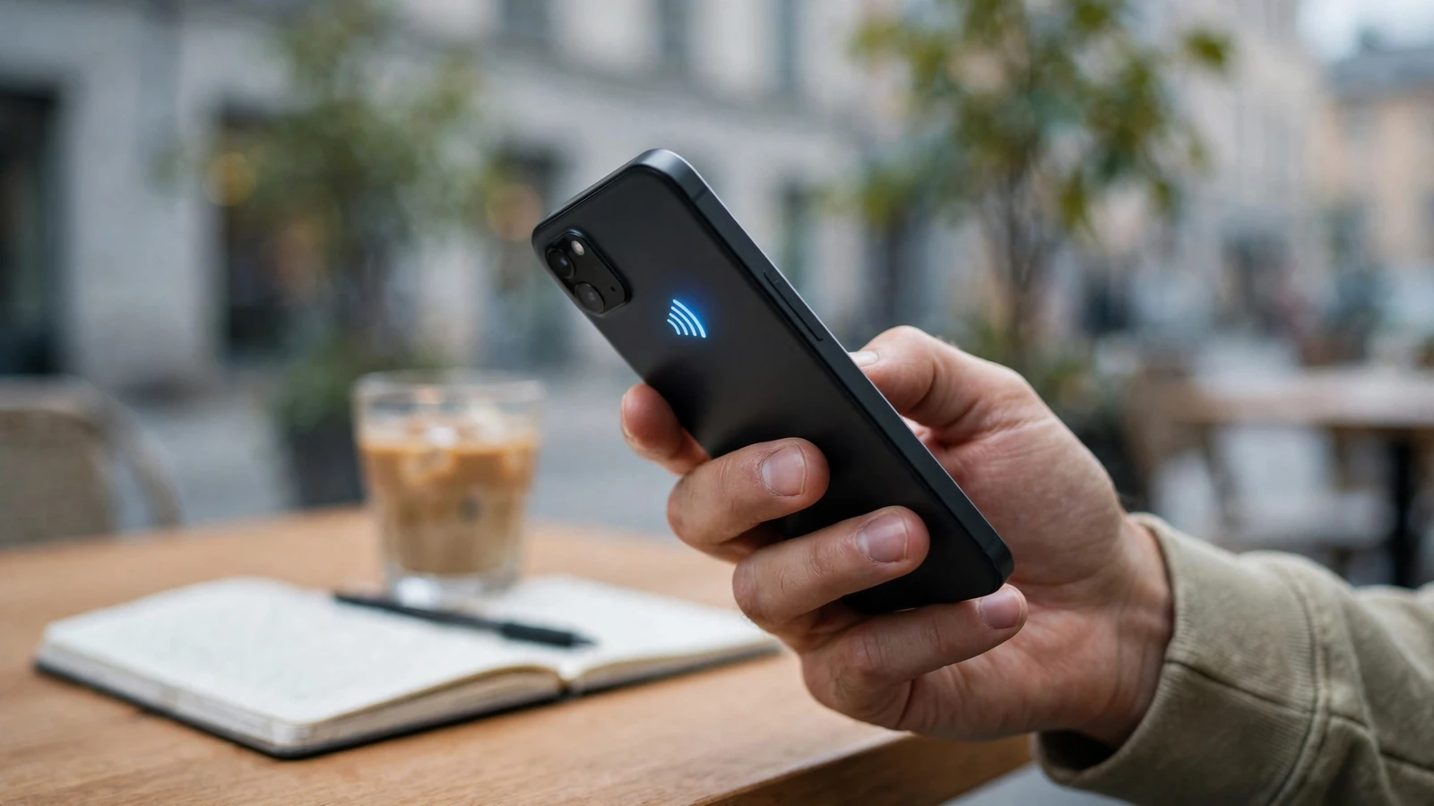 Smartphone med Google Pay-betaling vid ett kafé i Stockholm