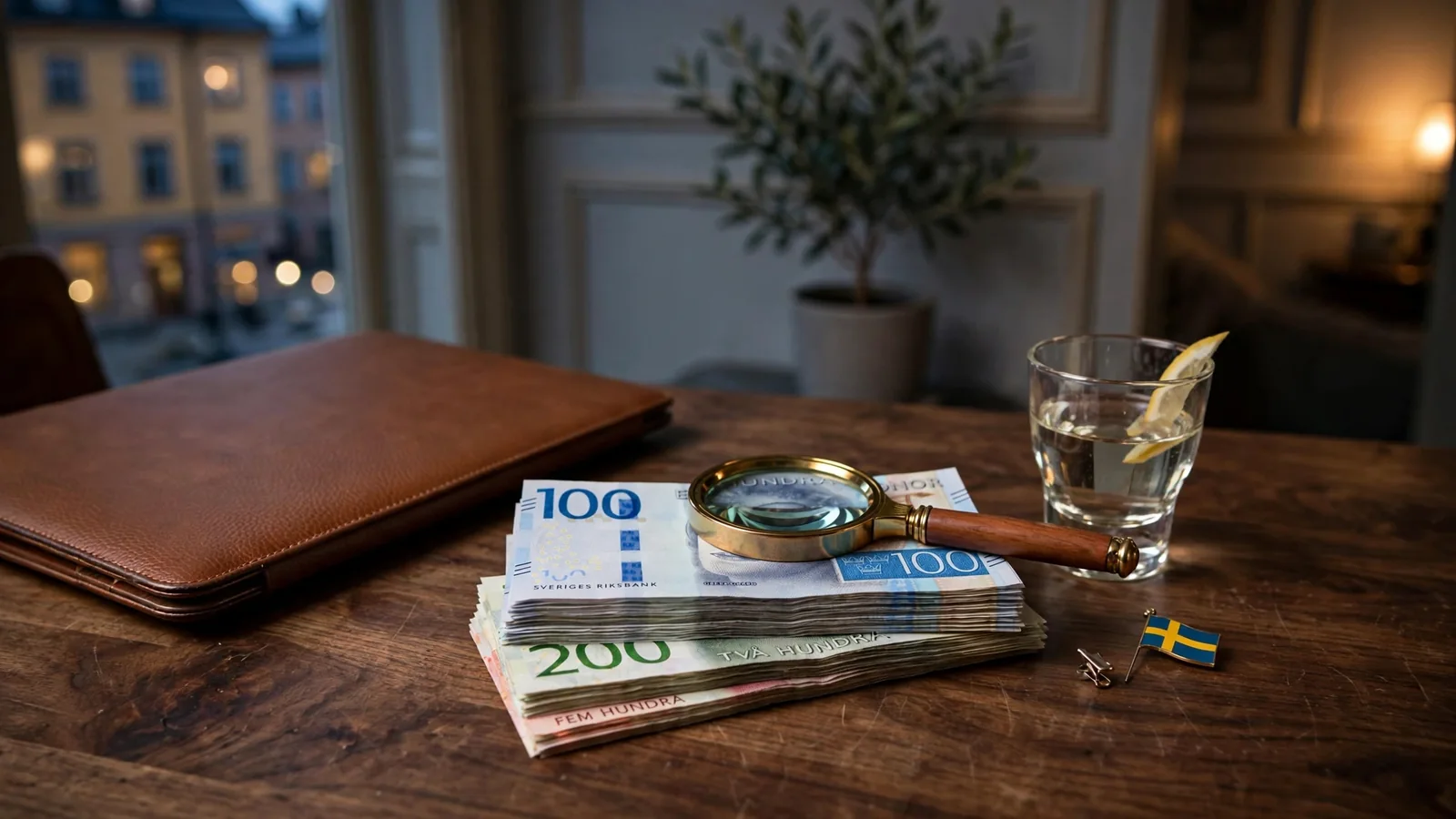 Stängd bärbar dator, sedlar och förstoringsglas på ett mörkt bord