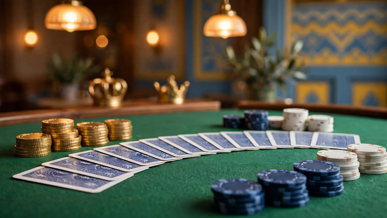 Närbild av spelkort och marker på grönt casinobord