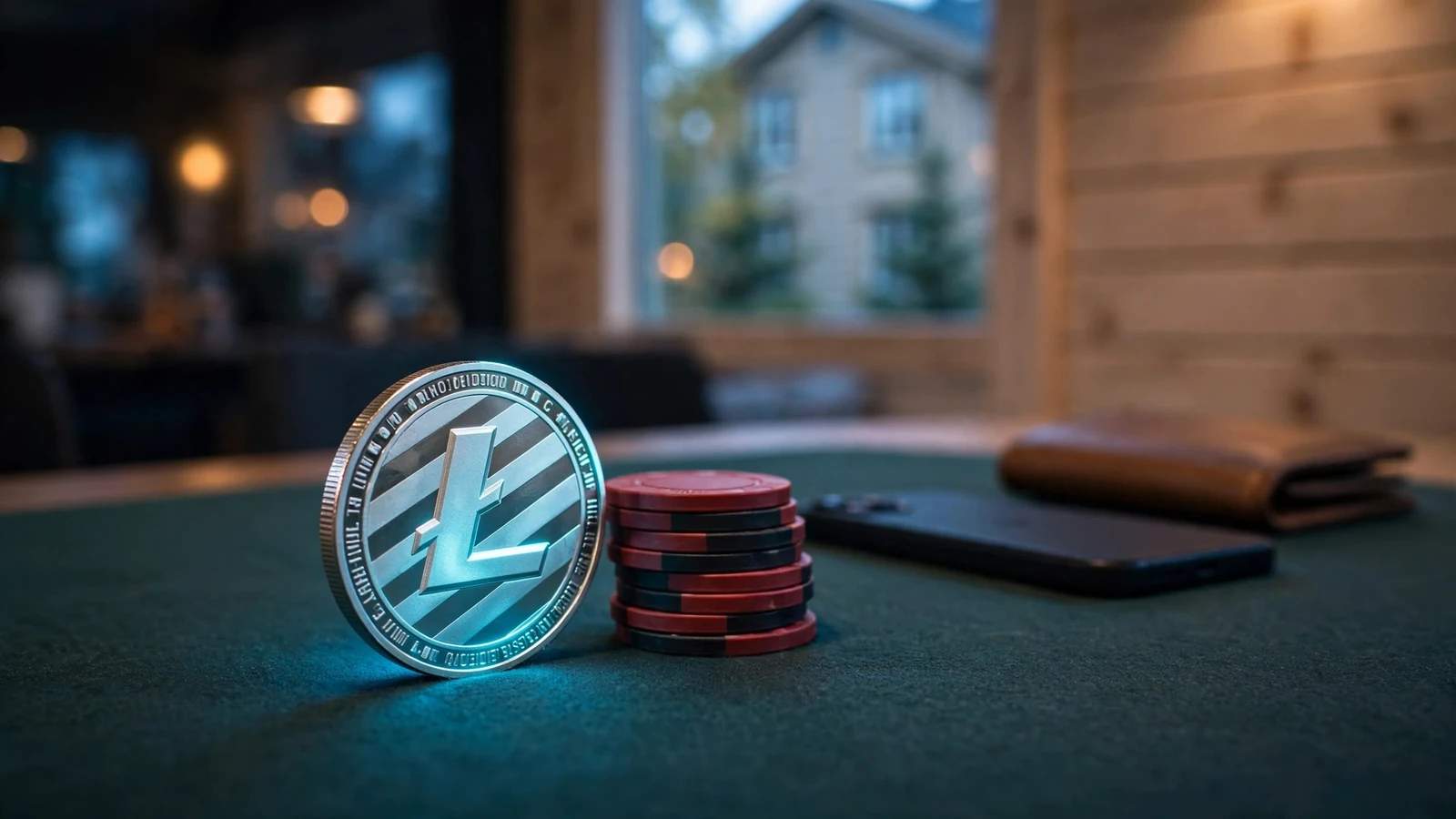 Litecoin-mynt och casinofigurer på filtbord