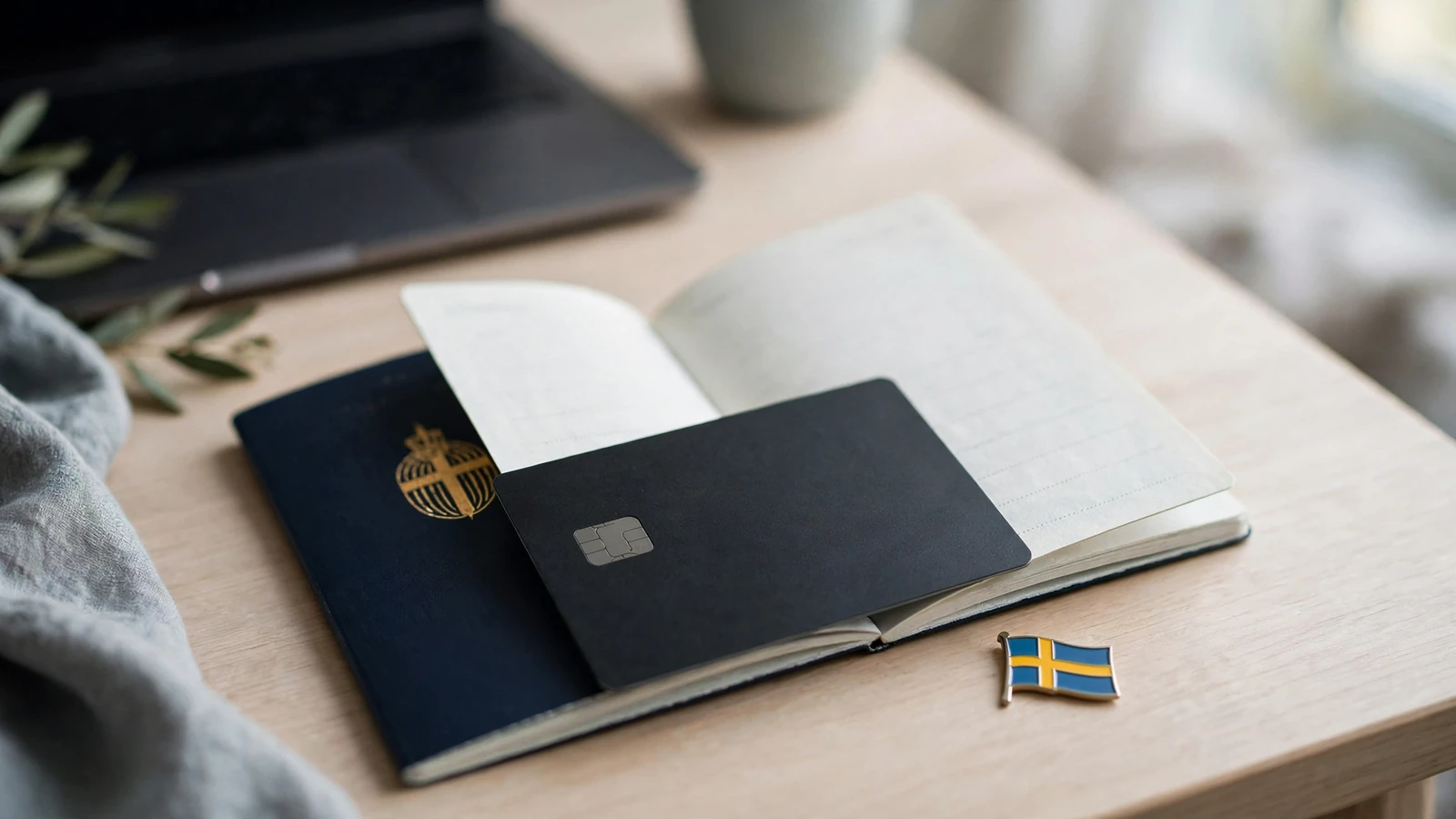 Matte bankkort på svenskt skrivbord vid stängd bärbar dator
