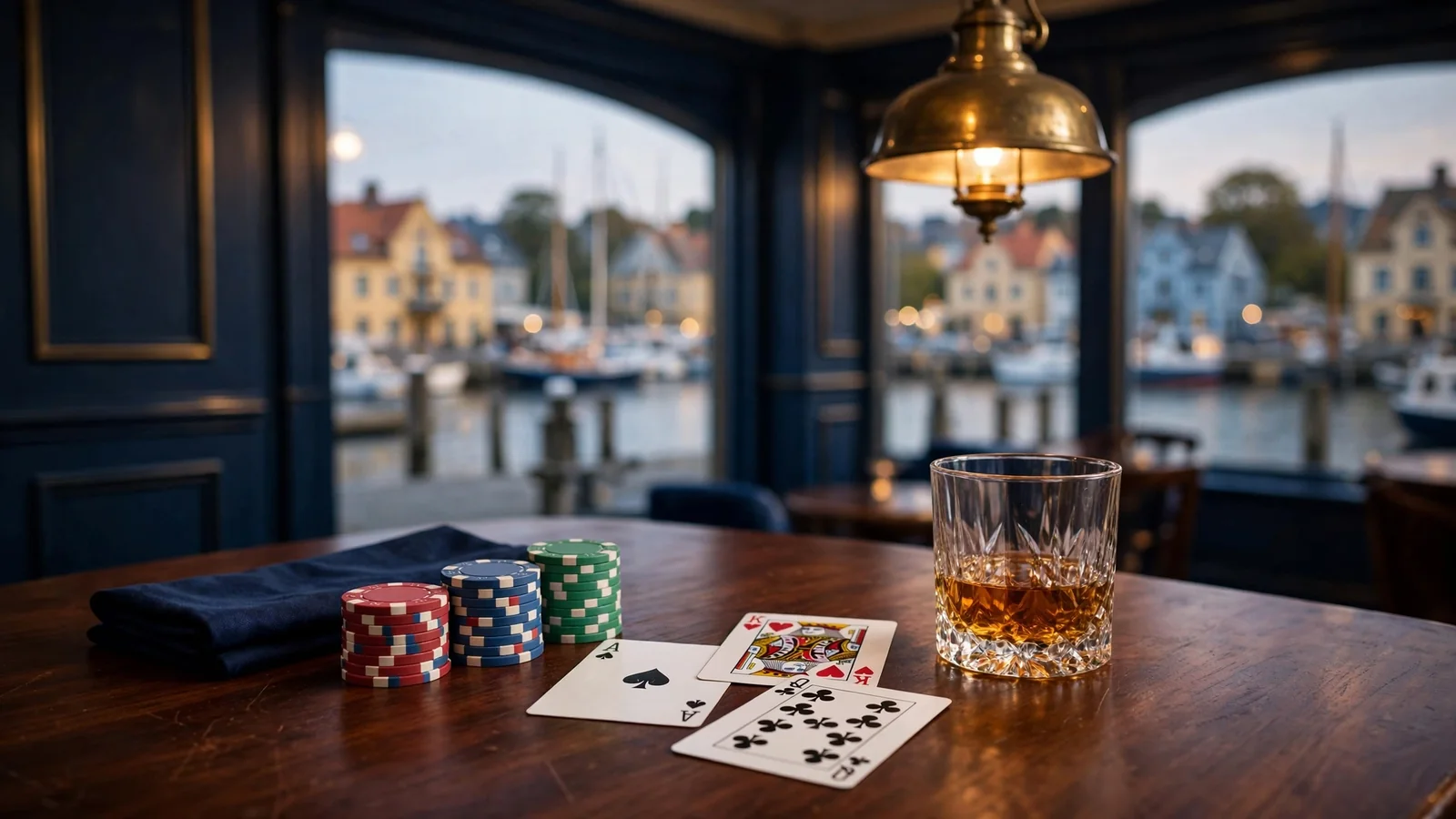 Elegant casinomiljö med marker, spelkort och glas på ett polerat träbord