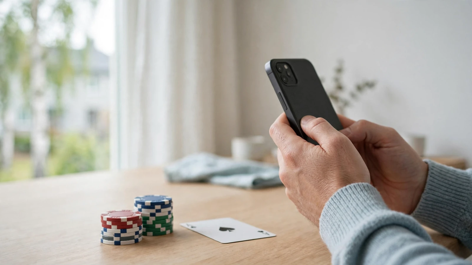 Händer med telefon och casinoföremål vid ett skandinaviskt skrivbord