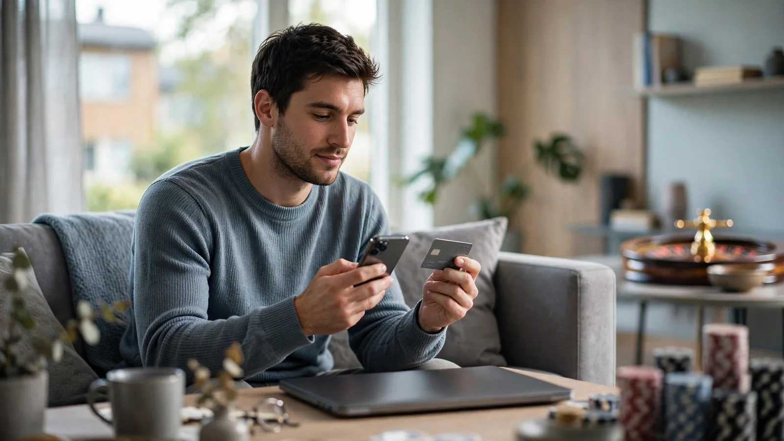 Man med betalkort och telefon i modernt vardagsrum