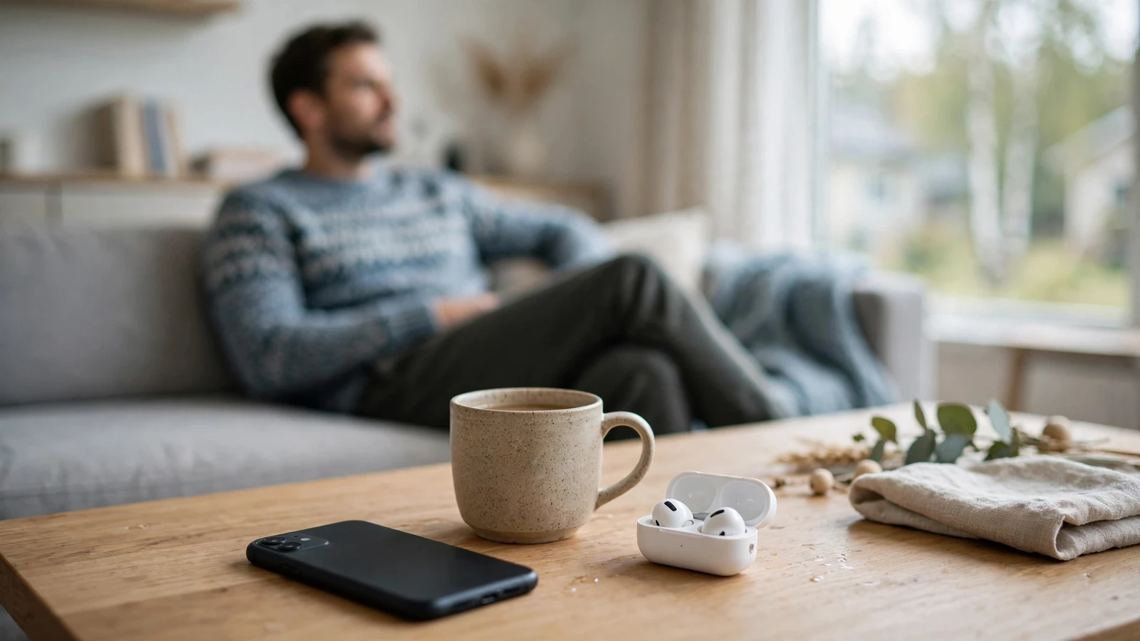 Modern svensk heminteriör med smartphone och kaffekopp på soffbord