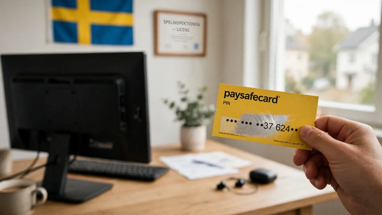 Skrivbord med dator och Paysafecard, svensk spellicens i bakgrunden