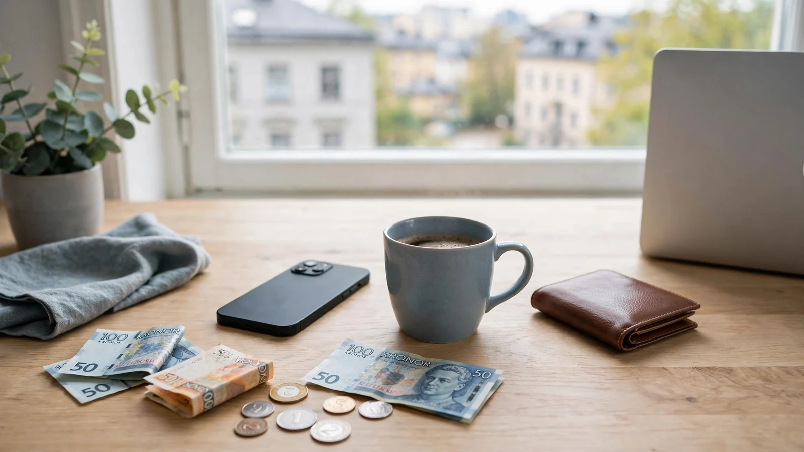 Skandinaviskt skrivbord med telefon, plånbok och kronor sedlar