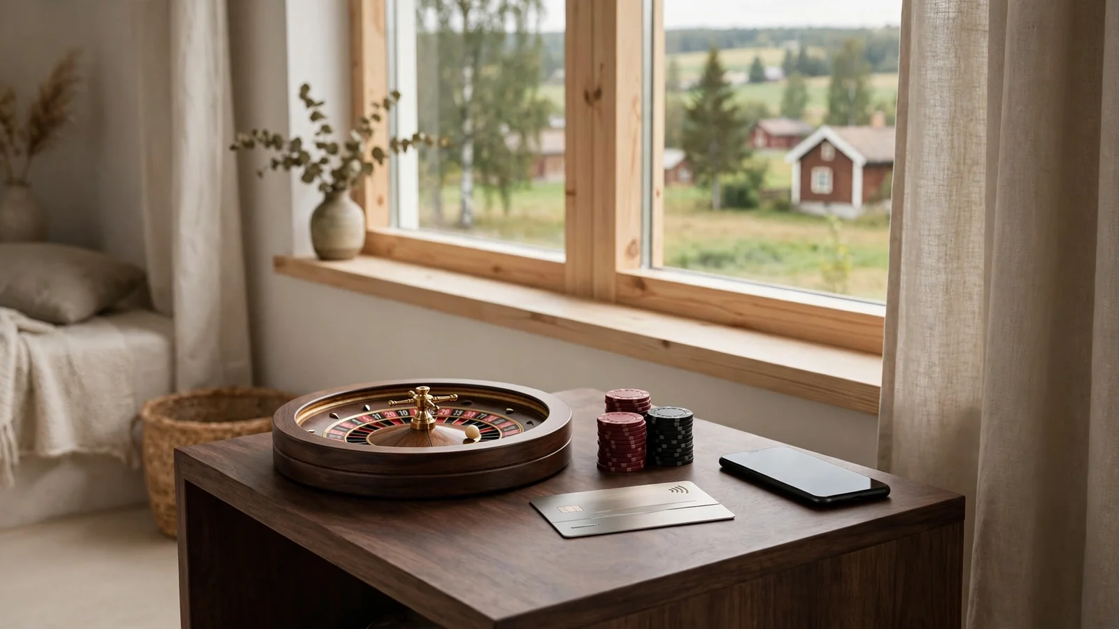 Skandinavisk inredning med roulettehjul, casinomarker och ett modernt bankkort på ett träbord.