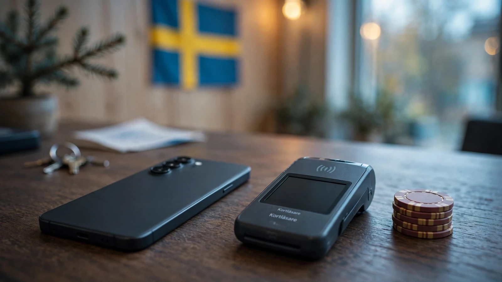 Smartphone, betalterminal och casinomarker på ett skrivbord med svensk kontext