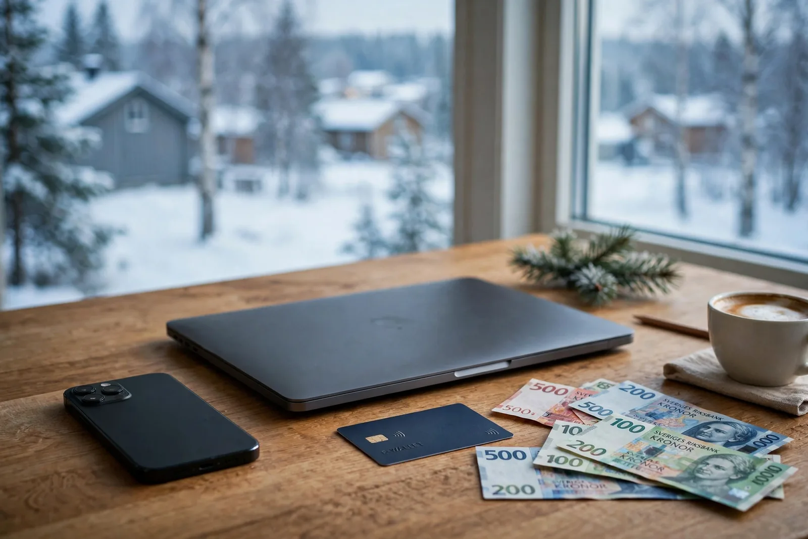 Skrill-kort och svenska kronor på ett skrivbord vid fönster