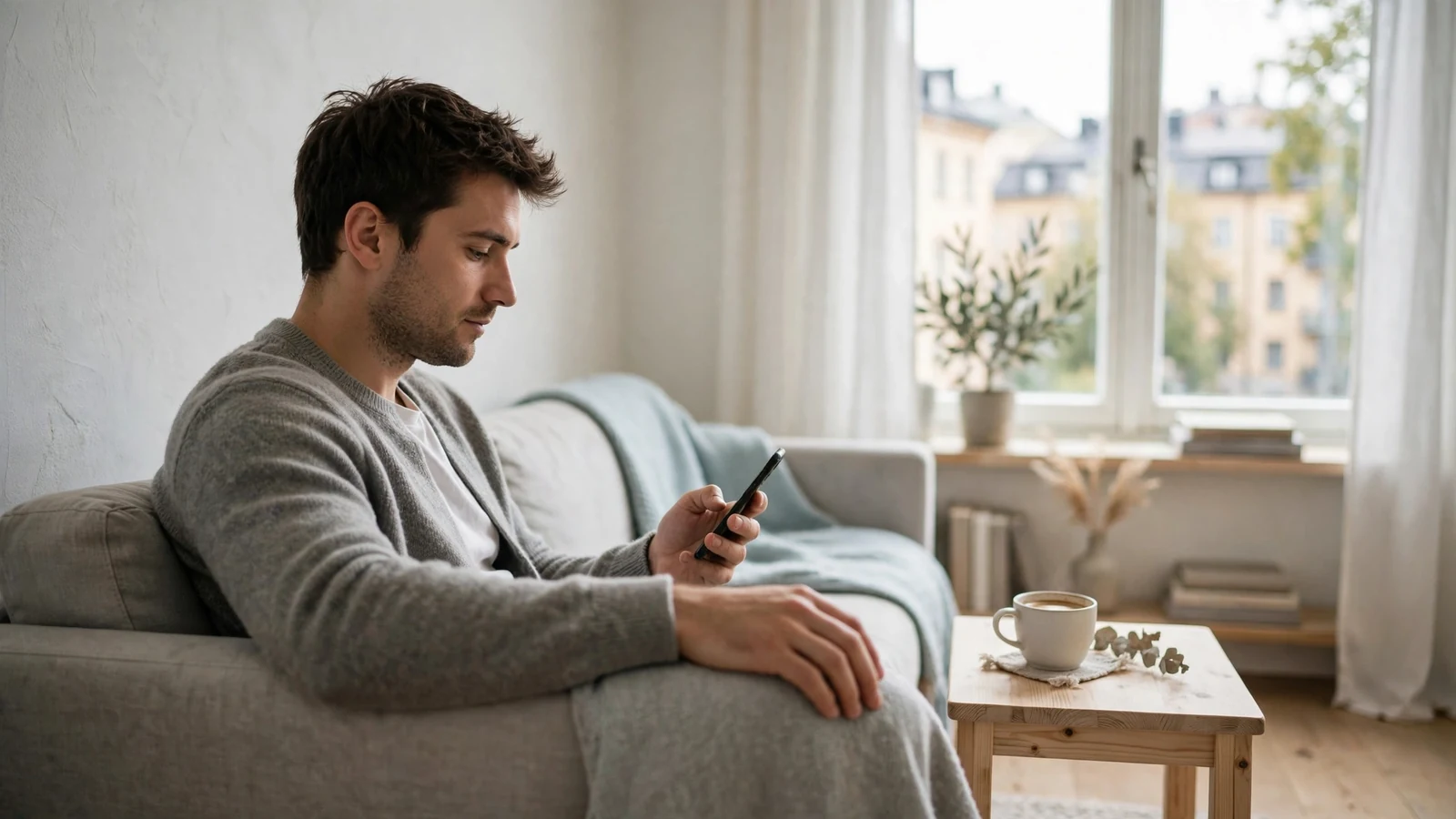 Person i modernt svenskt vardagsrum som håller i en mobiltelefon