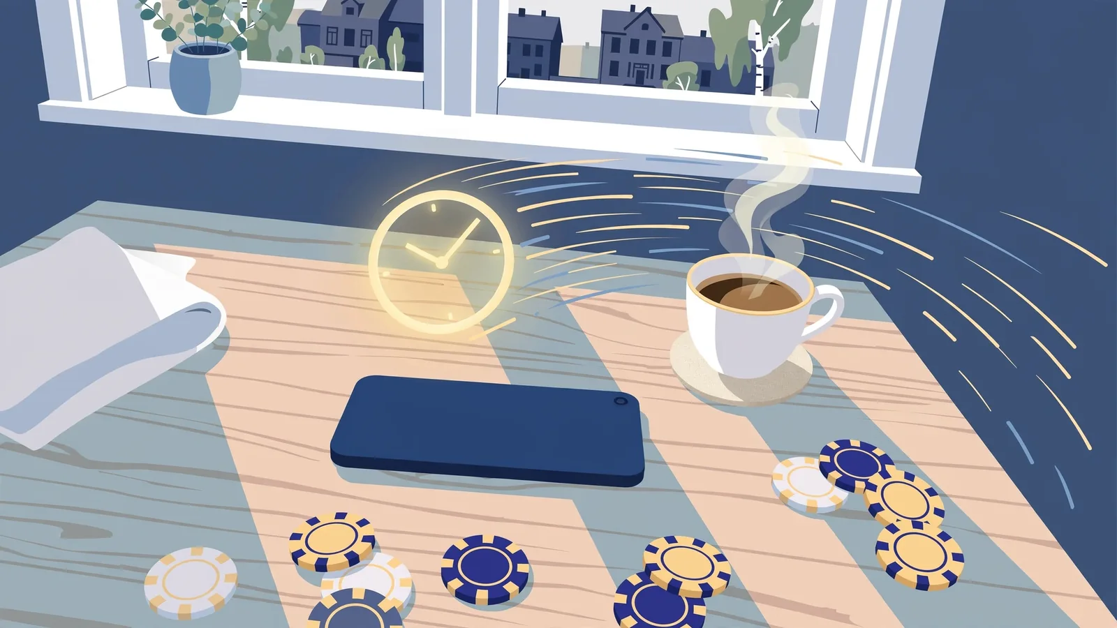 Illustration av en vänd smartphone med casinofärgar och ett glödande uransikte på ett skandinaviskt bord.