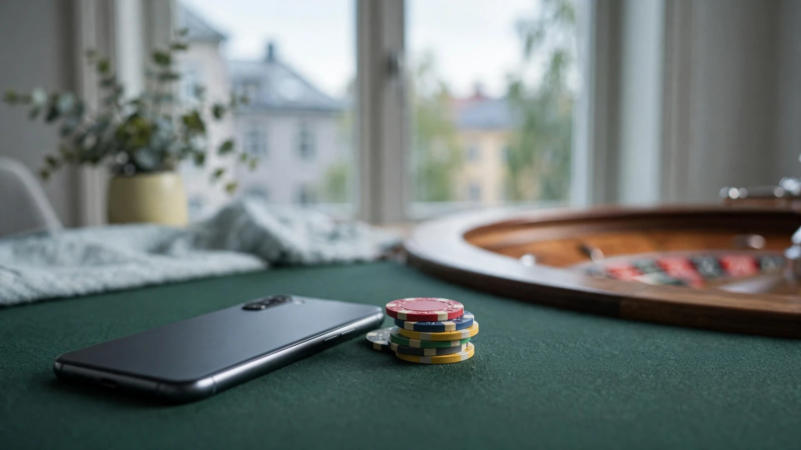 Smartphone och casinomarker på grönt filtbord i nordisk miljö