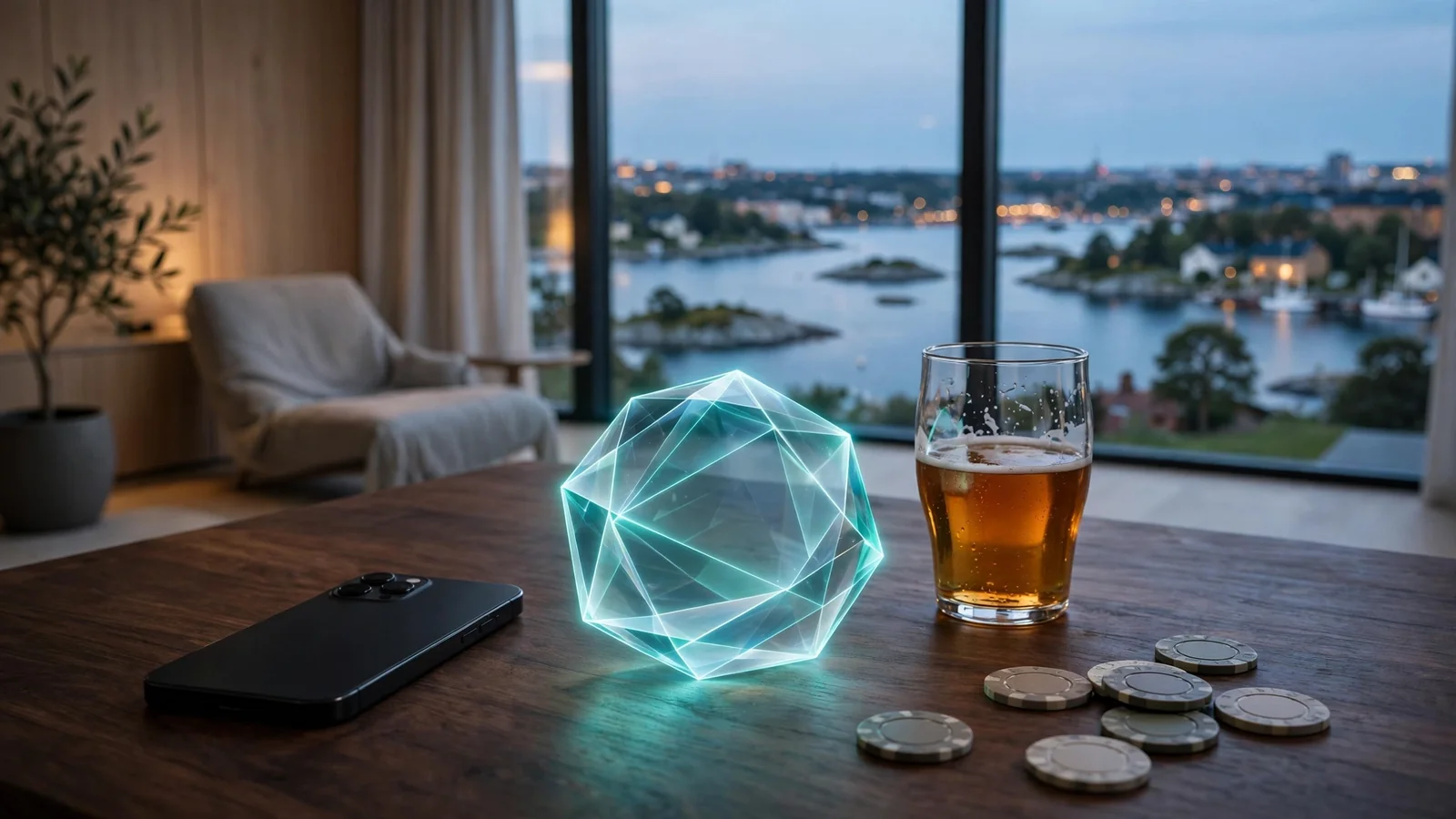Kryptovaluta-token och pokermarker på bord med Stockholms skärgård i skymningsljus