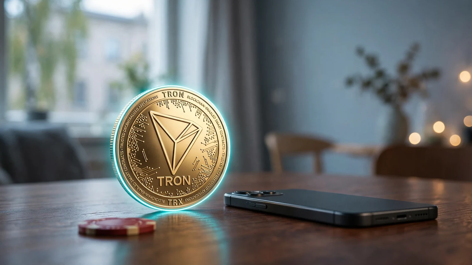 TRX-kryptovaluta och casinomarker på ett bord