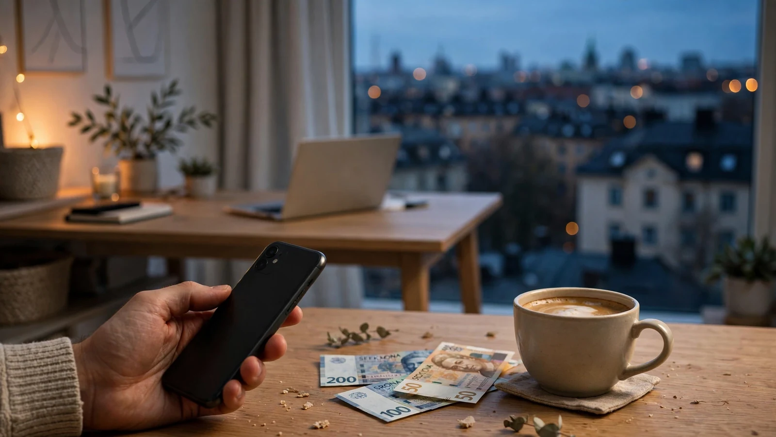 Svensk hemmiljö med smartphone och kronorsedlar vid bordet