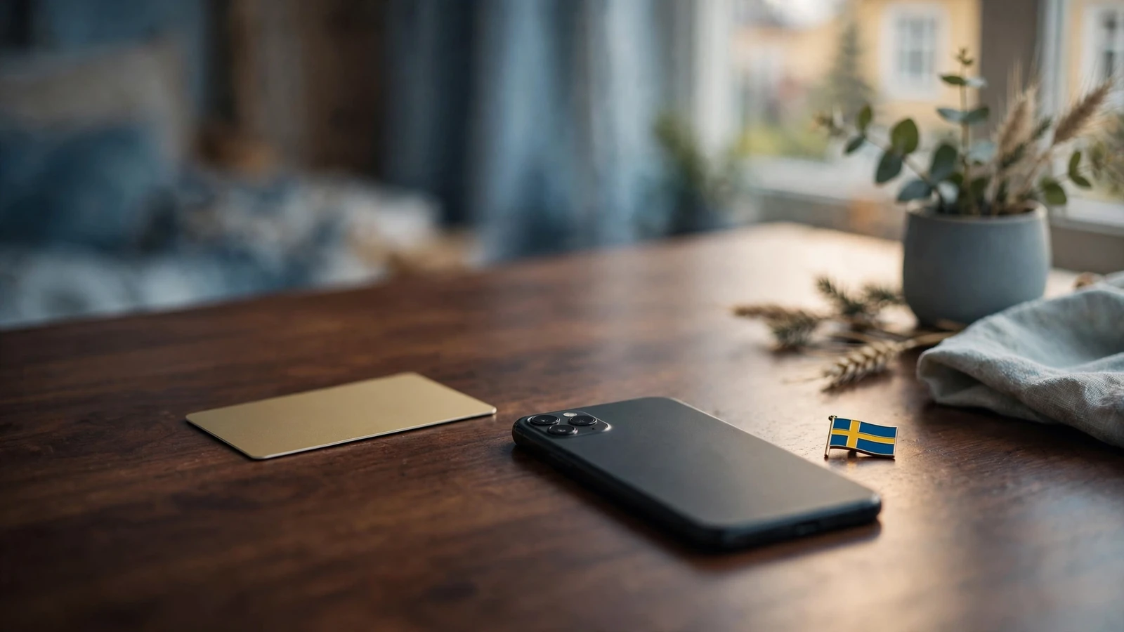 Visa-kort och smartphone på ett minimalistiskt skandinaviskt bord