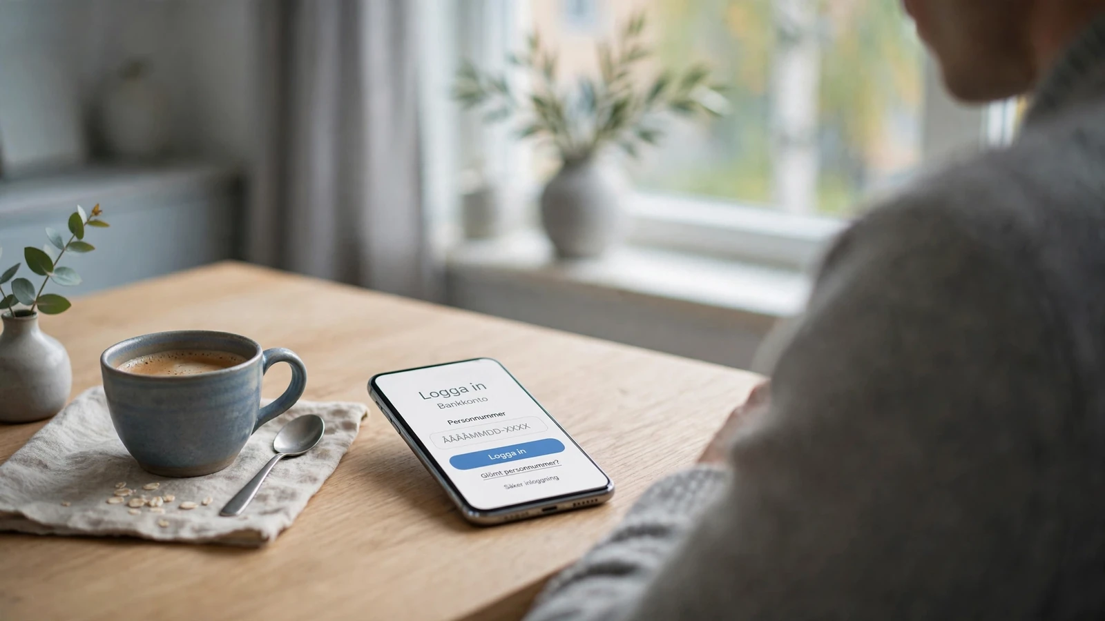 Svensk smartphone med bankapp på bord i minimalistisk lägenhet i Stockholm