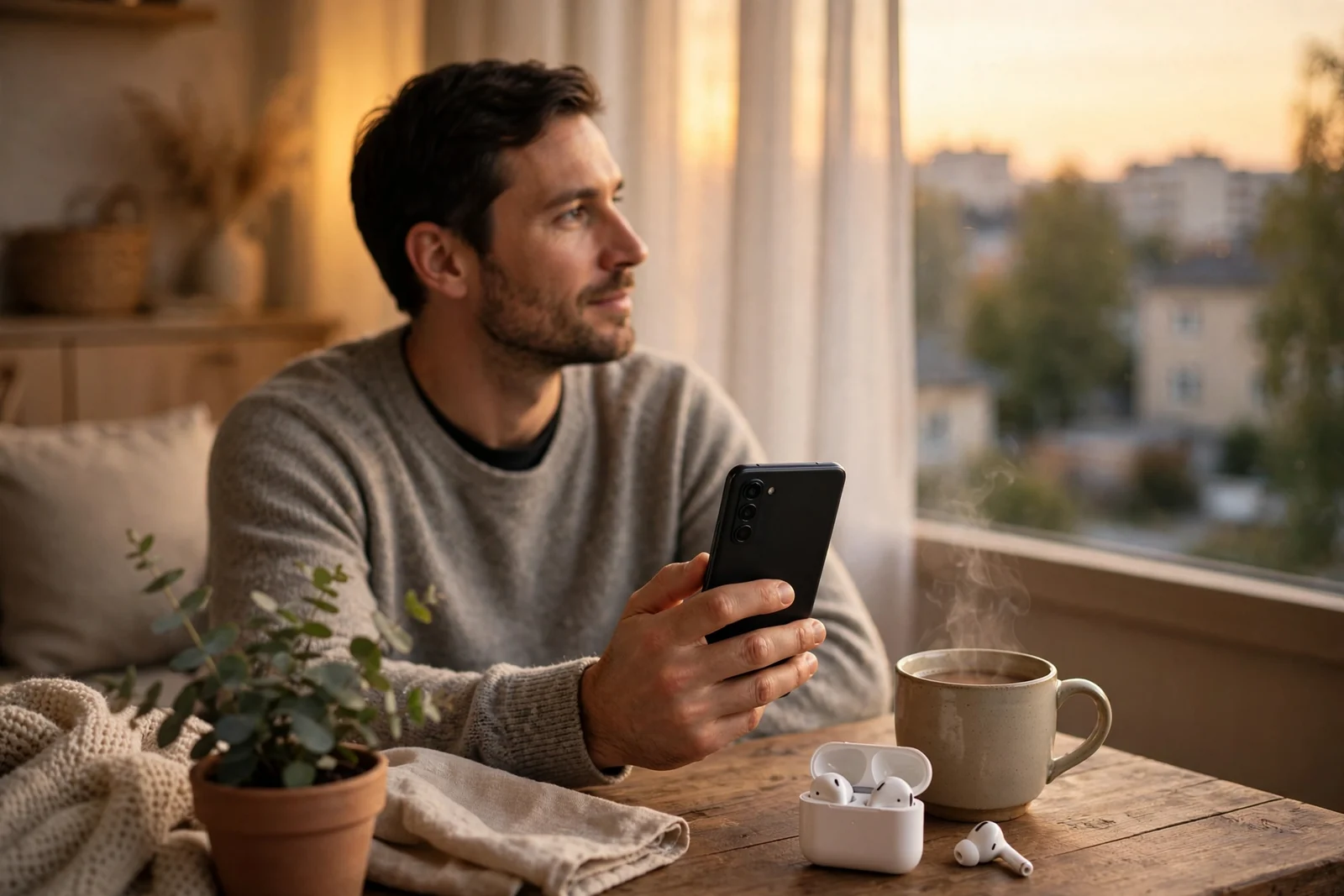 Person håller Android-telefon i ett svenskt hem