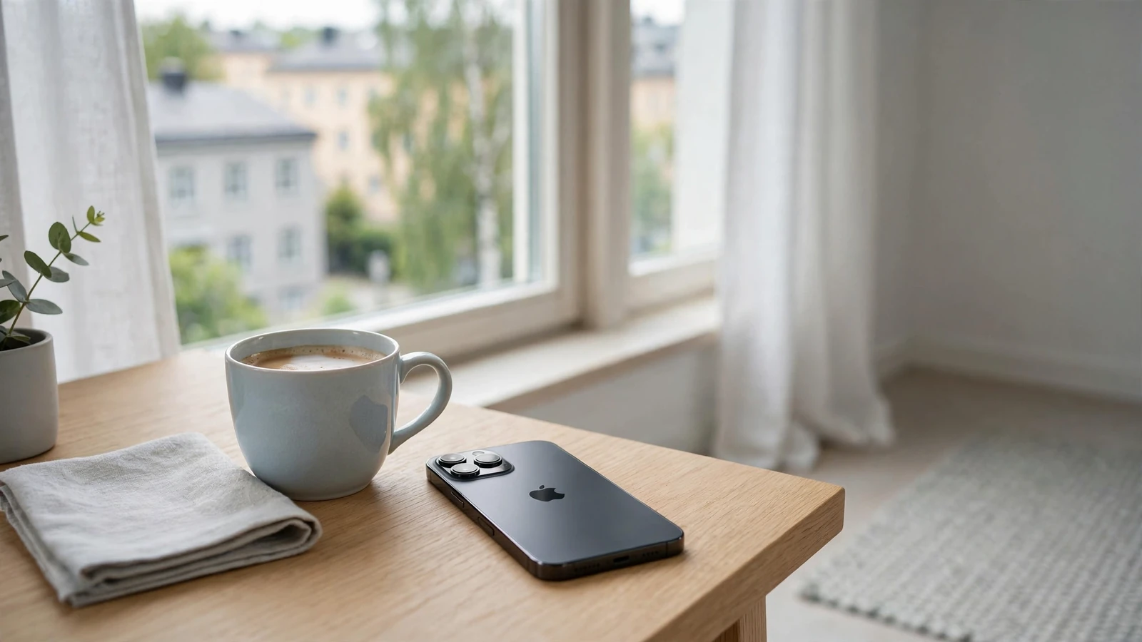 iPhone som vilar på ett minimalistiskt skandinaviskt bord med en kopp kaffe