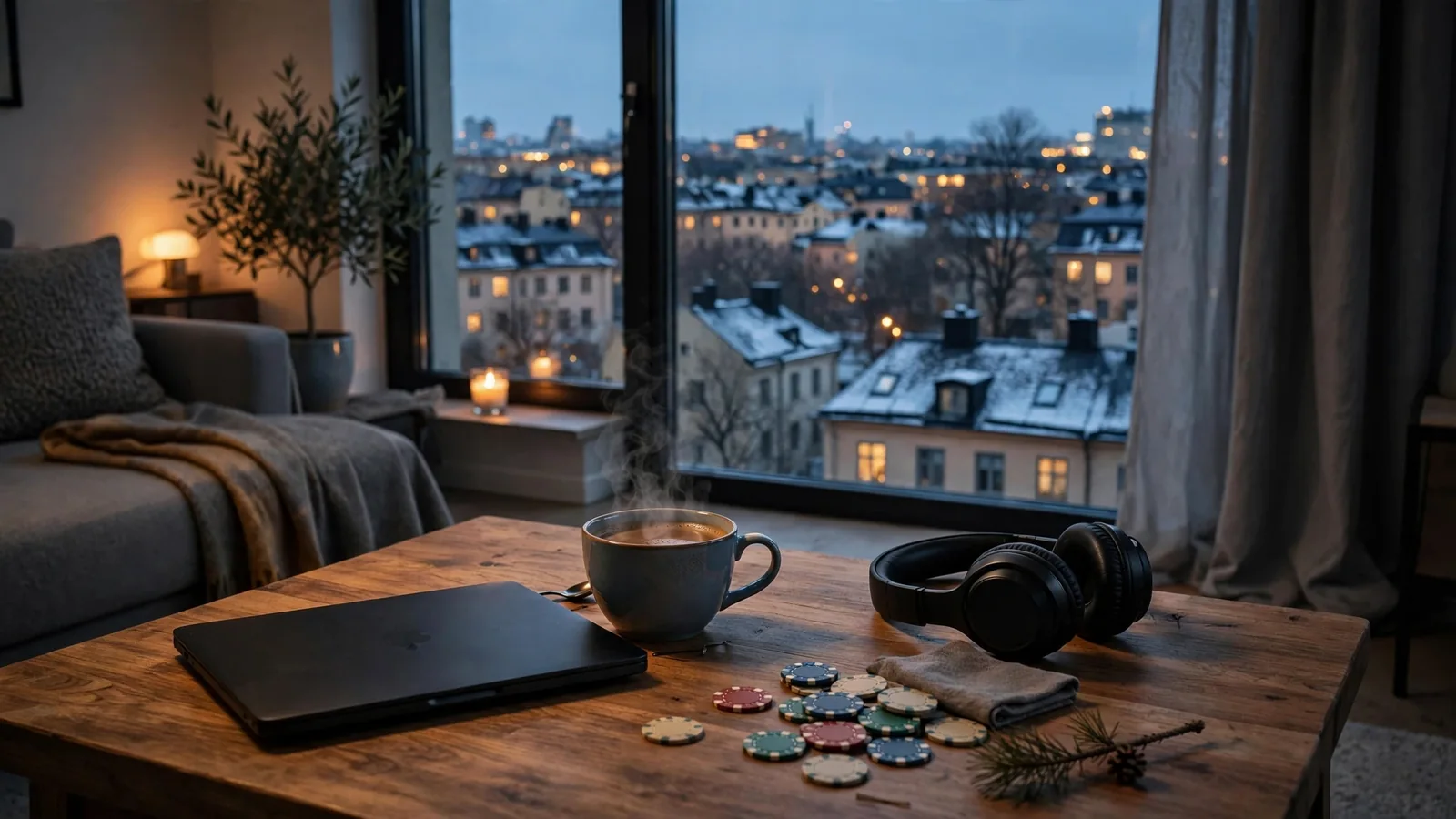 Stämningsfullt vardagsrum i Stockholm med stängd laptop, kaffe och casinofigurer på bordet