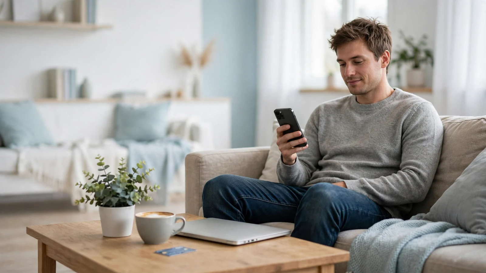 Person i modern svensk lägenhet med stängd telefon, symboliserar casinon utan konto