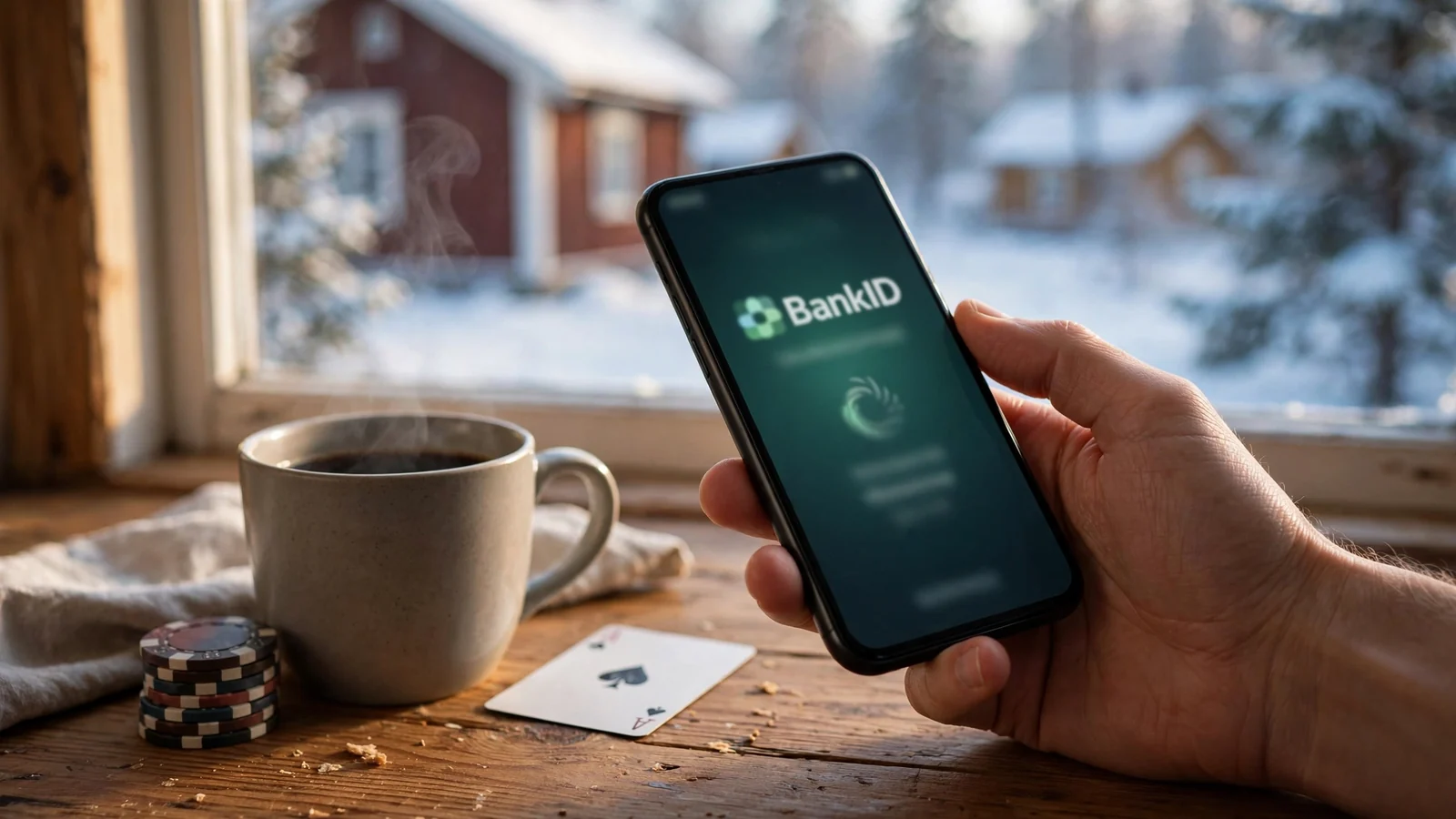 Svensk spelare med mobiltelefon verifierar BankID vid köksbordet