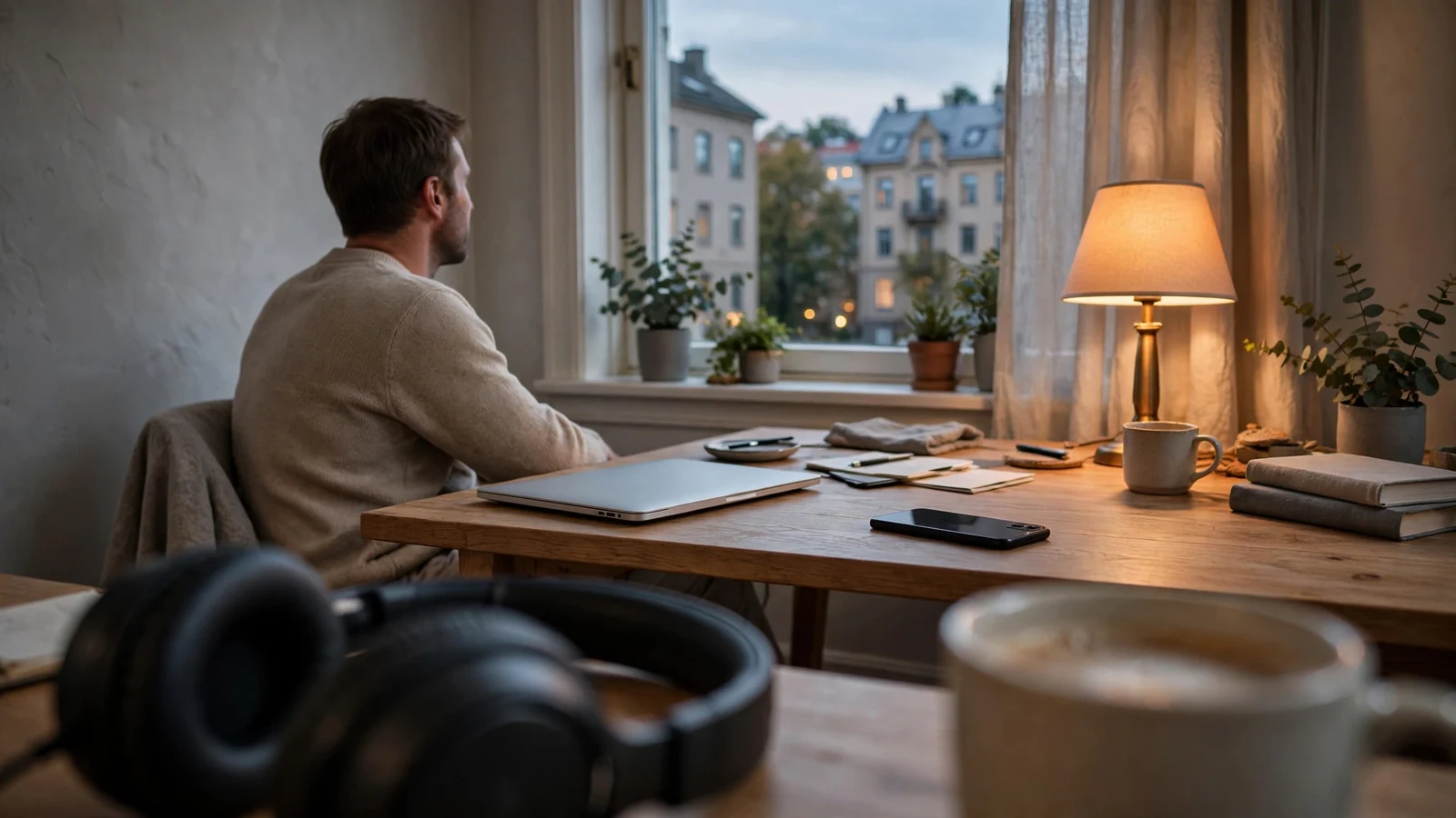Person vid skrivbord med stängd laptop och telefon, lugn kväll