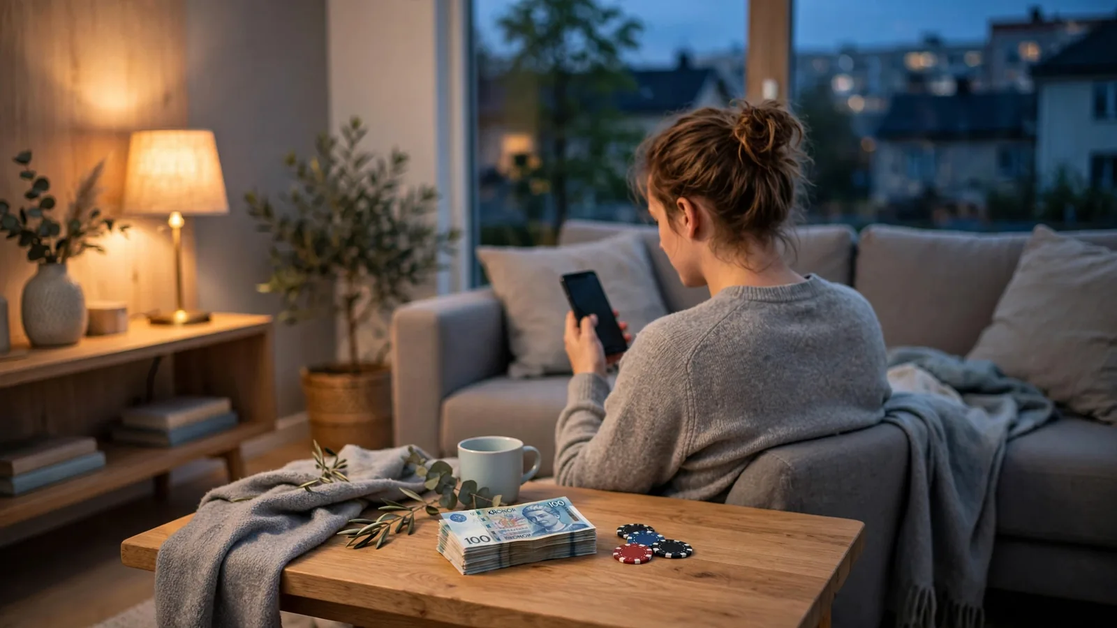 Person i svensk vardagsrum med telefon och kronorsedlar på bordet