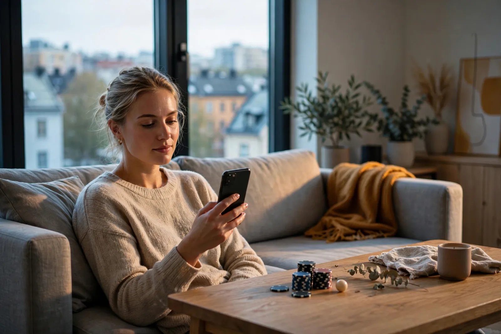 Person i soffa med mobiltelefon och casinotillbehör i modernt svenskt vardagsrum