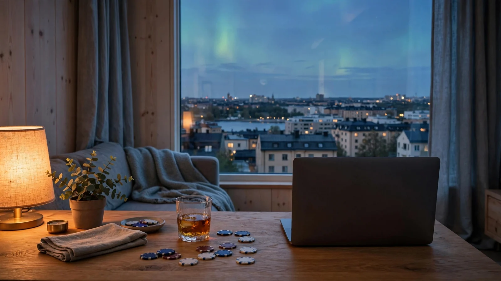 Stämningsfullt svenskt hem med casinotema och whiskey vid bordet