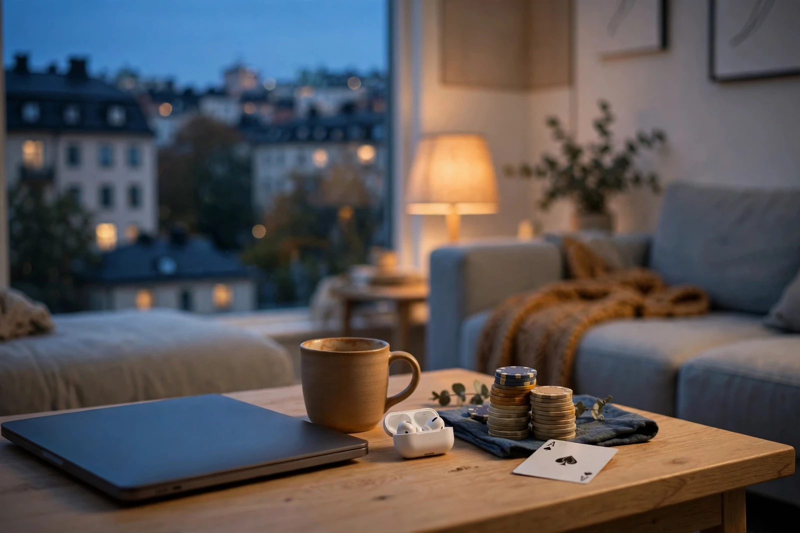 Skandinaviskt vardagsrum med stängd laptop, pokermarker och kaffekopp